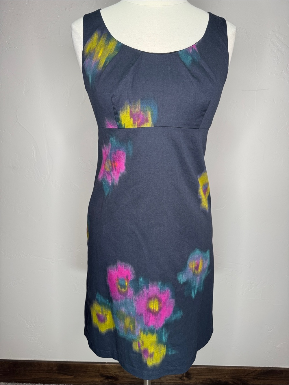 LOFT Navy Midi Dress with Pink and Yellow Watercolor Style Floral Design